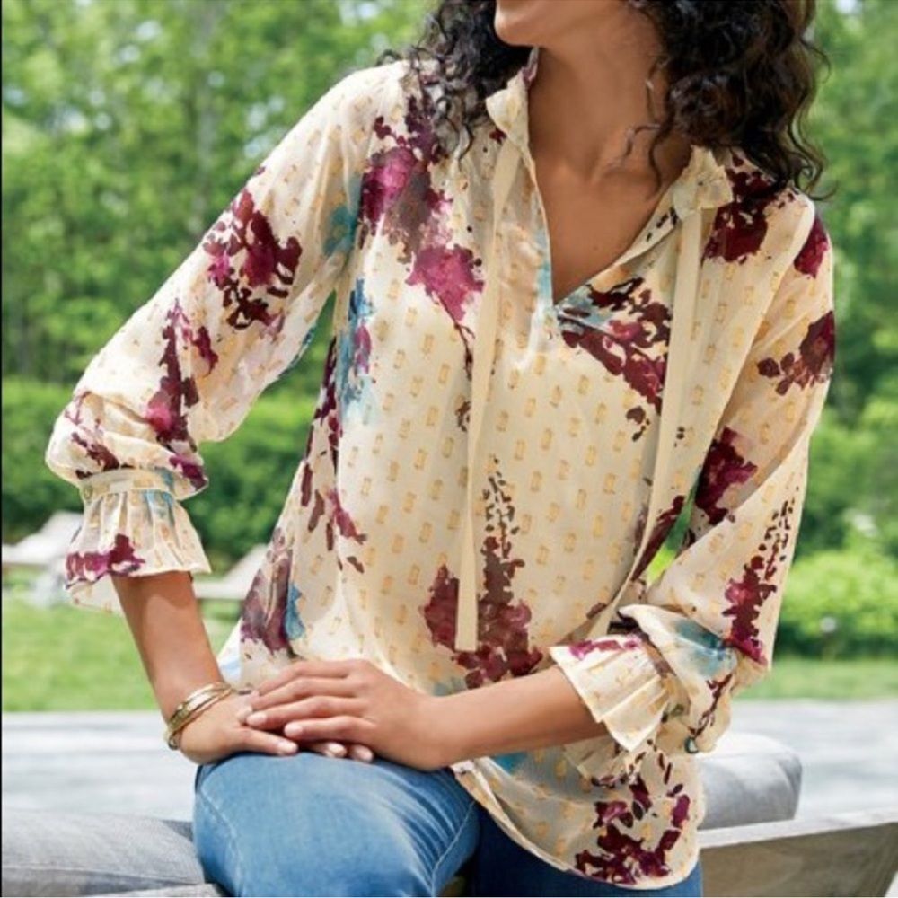 NWT Soft Surroundings Primrose Sheer Cream Floral Gold Neck Tie Blouse Sz M